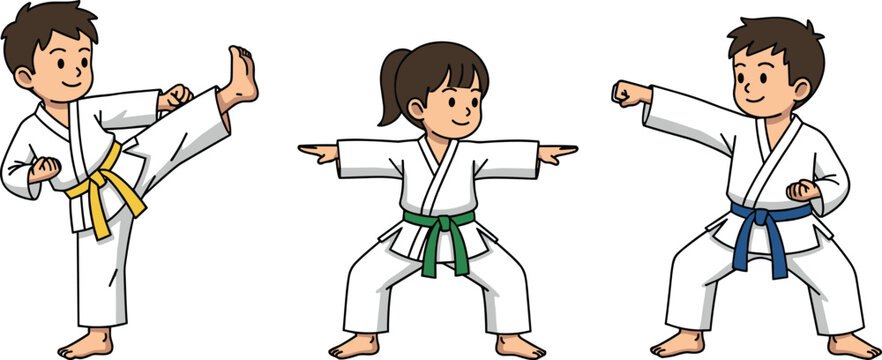 Diverse Children Practicing Martial Arts Vector, Kids Karate Students in Gi Uniforms Performing Kicks and Punches for Sports Activity.