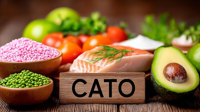 a colorful array of food items including vegetables, meat, and avocado, arranged on a wooden surface with a cato sign