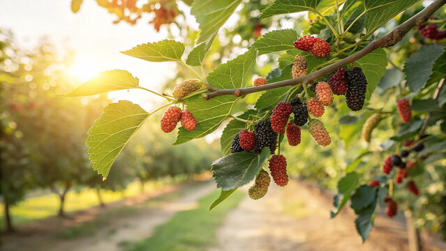 Sunkissed mulberry branch adorned with ripening berries in an orchard, capturing the essence of summers bounty and natural beauty