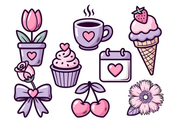 Sweeten your designs with charming pink icons of love, from floral bouquets to delicious treats, perfect for Valentine's Day or heartfelt gifts