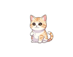 Cute orange tabby kitten with big eyes, sitting and waving, isolated on white background, digital art illustration