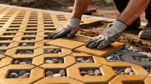 Closeup medium shot of grid paver blocks being carefully placed to create a permeable driveway showcasing sustainable pavement that allows water infiltration and supports green