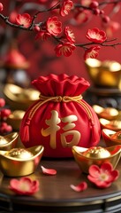 Fototapeta premium A richly lit fortune pouch surrounded by shimmering coins and golden bokeh lights. The image feels celebratory, luxurious, and full of optimism.