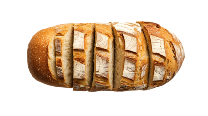 Rustic artisan sourdough loaf expertly sliced revealing a soft white interior and golden crust against a