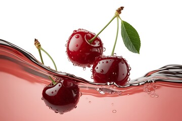 Three ripe red cherries with water droplets splashing in red liquid isolated on white background