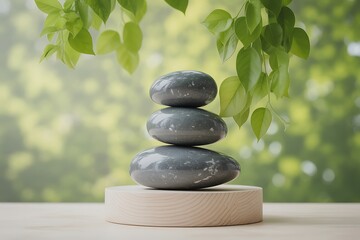 Zen stone stack balanced on a wooden base with green leaves overhead