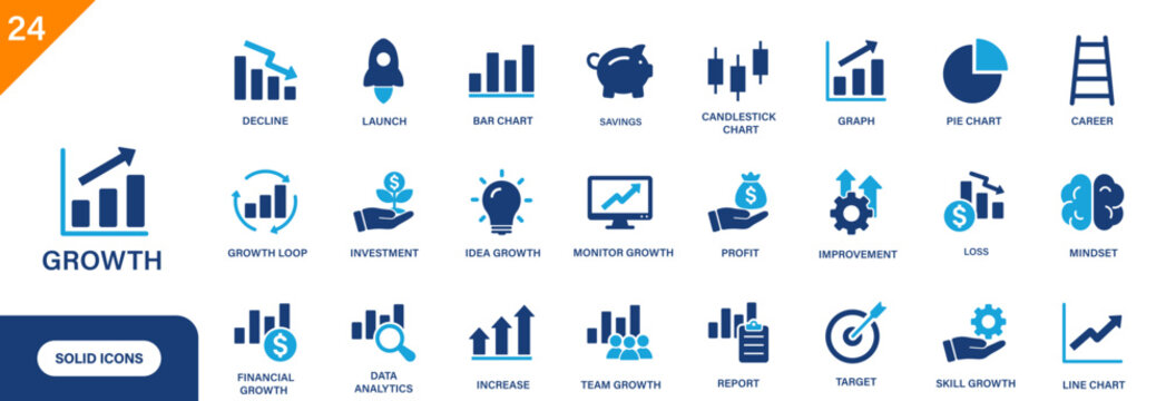 Growth icon. Includes graph, decline, line chart, pie chart, financial growth. Solid vector icon set.
