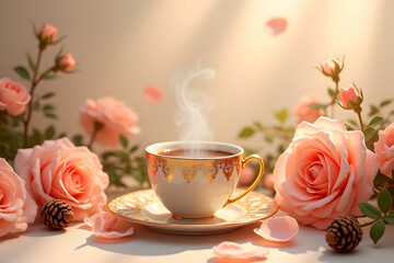 Fototapeta premium Elegant tea cup with steam surrounded by pink roses and pine cones, copy space