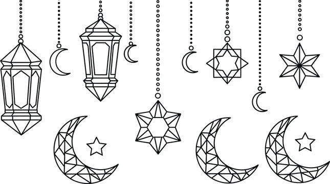 ramadan hanging lantern crescent moon islamic line icon set .