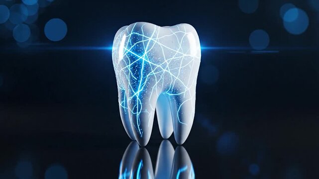 Digital glowing tooth displaying healthy dental structure and energy