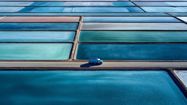 An expansive salt factory with organized rows of salt evaporation ponds in viintimate apparelnt shades of blue and white