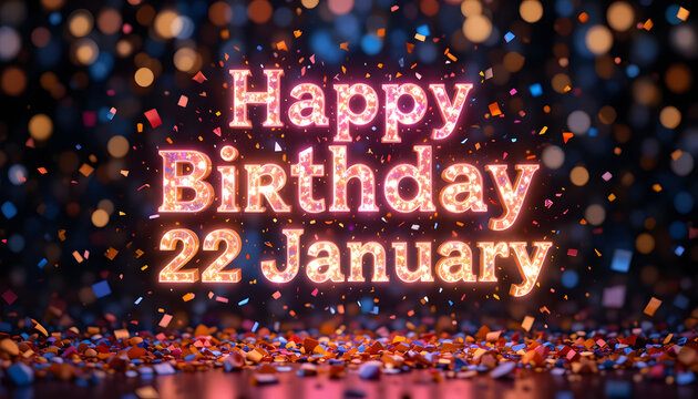 Vibrant Happy Birthday celebration on 22 January with colorful confetti - Powered by Adobe