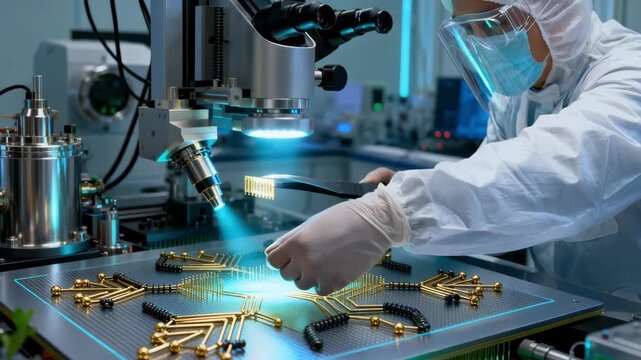 Lab specialist using precision tools to fabricate optical rectenna components highlighting advanced nanotechnology for sustainable power solutions.