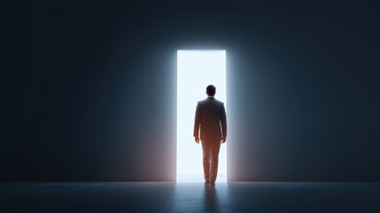 Obraz premium Man Walking Towards Bright Doorway in Dark Room Symbolizing Hope, Opportunity, Journey, and New Beginnings in a Contrast of Light and Shadow