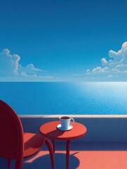Fototapeta premium Morning Coffee on a Terrace With a Cup on a Small Table and an Empty Horizon of the Sea