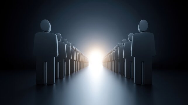 Abstract representation of a crowd of figures standing aligned towards a bright light source in a dark environment, symbolizing hope and direction