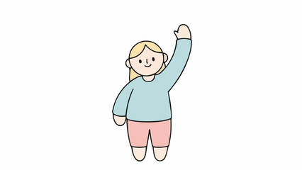 A cheerful blonde girl with her arm raised in greeting.
