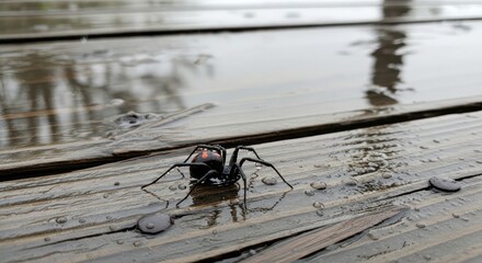 A black widow spider with a red hourglass marking emerges from the damp wooden planks on a rainy day