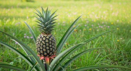 Obraz premium A single pineapple plant grows in a lush green field with tiny wildflowers