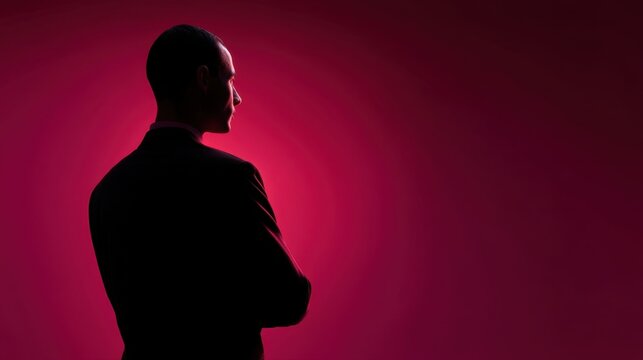 Elegant silhouette of a man in a suit against a vibrant pink background, conveying sophistication, contemplation, and modern style in profile view