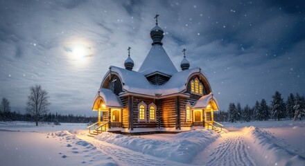 Enchanting Snowy Chapel Illuminated by Moonlight in a Tranquil Winter Landscape