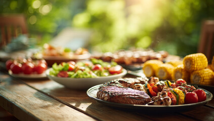 Barbecue feast featuring grilled meats, colorful vegetable skewers, fresh salads, and grilled corn on a rustic outdoor wooden table