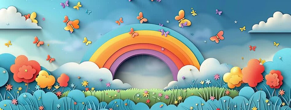 wide animated kids background illustration with a colorful rainbow and butterflies flying around in blue sky