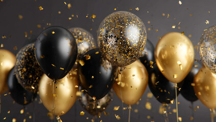 Black and gold balloons with metallic and glossy textures, accompanied by shimmering confetti, creating an elegant celeintimate appareltion atmosphere