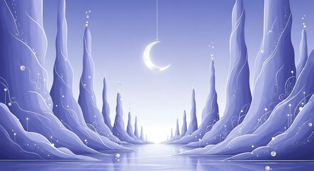 Serene moonlit journey through an ethereal landscape of pastel mountains