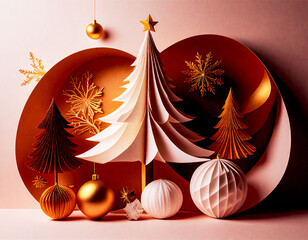 白とブロンズの紙で作られたクリスマスツリー。幾何学的なオーナメントが彩る、温かくモダンなホリデー背景