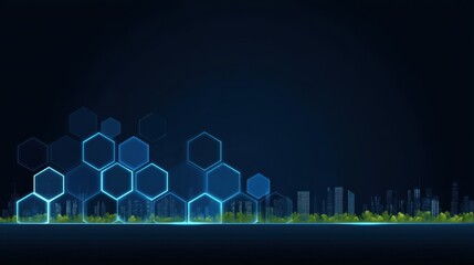 Abstract futuristic urban landscape with glowing hexagonal shapes and a dark background, illustrating technology and innovation themes for digital design