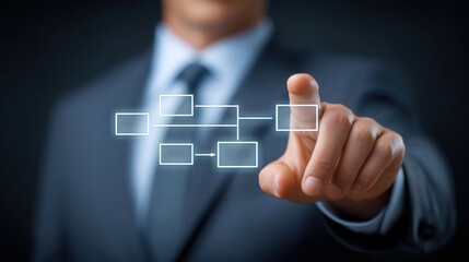 Businessman in Suit Interacting with Digital Flowchart Interface in Modern Office Environment, Engaging in Innovative Technology and Management Concepts