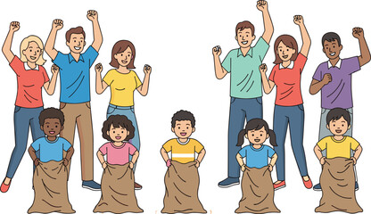 Multicultural Families Enjoying Sack Race Game Vector Illustration, Parents and Children Competing in Fun Outdoor Sports Activity for Events.