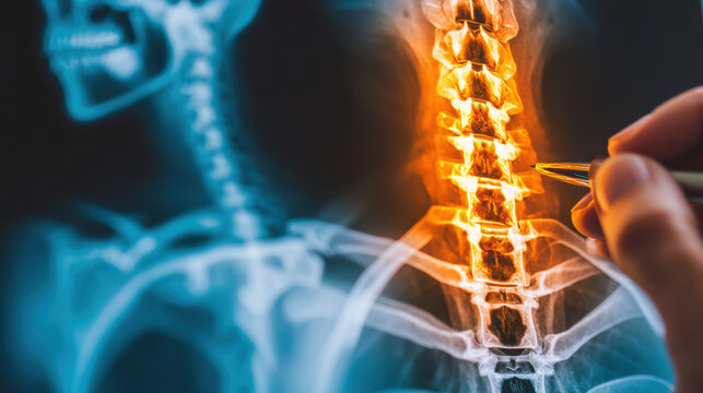 Spinal column highlighted in orange on X ray image with hand pointing at vertebrae, showing detailed bone structure and medical focus