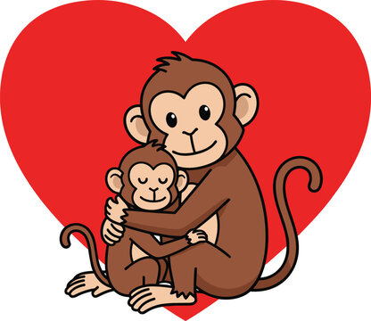 Monkey Mother and Baby Hugging Vector Cute Cartoon Primates on a Red Heart Background - Family Love, Parenting, and Motherhood Illustration Concept.