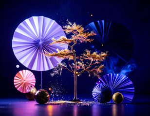 深い青と紫の光に包まれた空間。メタリックな木とペーパーファンが幻想的な祝祭の夜を彩る