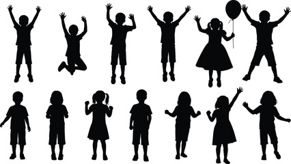 Set of black silhouettes of happy children and kids jumping, standing and playing isolated on white.