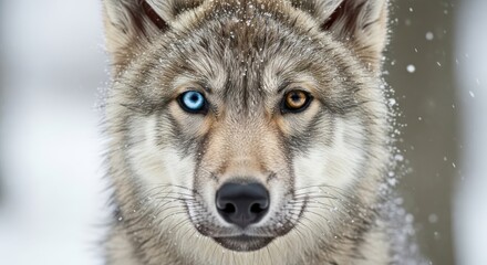 Fototapeta premium Majestic wolf with striking heterochromia in a serene winter landscape