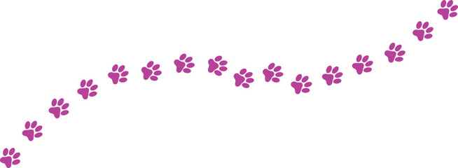 Curved trail of purple paw prints on white background symbolizing animal movement, tracking, and playful design elements.