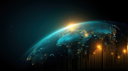 Stunning Global View with Bright Sunrise Over Earth and Digital Data Visualization in Dark Atmosphere