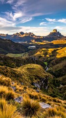 Expansive mountainous landscape under a dynamic sky