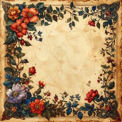 Floral frame, antique paper, colorful flowers, leafy vines, ornate corners