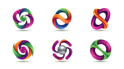 Set of colorful abstract icons, numbers, and symbols vector illustration collection with circle, arrow, and 3D rainbow elements for business logo design