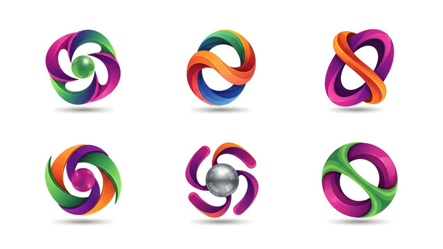 Set of colorful abstract icons, numbers, and symbols vector illustration collection with circle, arrow, and 3D rainbow elements for business logo design
