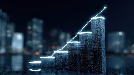 Futuristic Financial Growth Concept with Neon Light Bar Graphs and Shiny City Background Highlighting Investment Success and Business Advancement