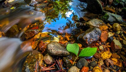 Flowing water through rocks, reflecting tree's foliage and sky