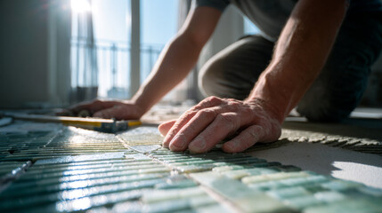 Obraz premium Worker laying ceramic tiles on the floor of an apartment with natural daylight