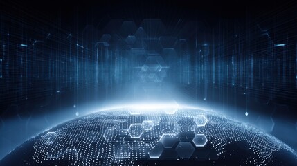 Futuristic Digital Globe with Hexagonal Patterns and Blue Light Rays Emitting from a Data Stream Background in Technology and Innovation Theme