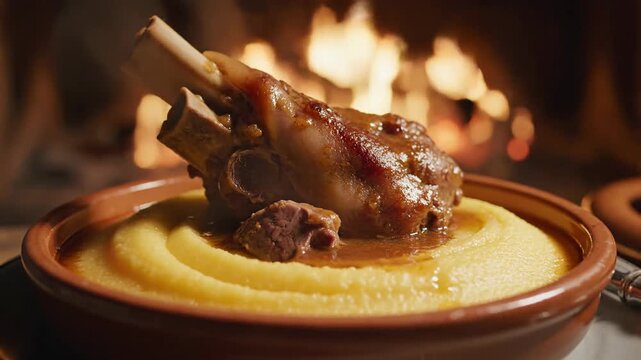 Tender lamb shank slow-cooked to perfection resting on a bed of creamy polenta beside a warm fireplace