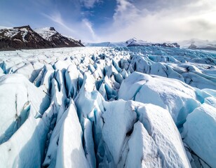 Aerial view of a glacial ice field with snow-capped mountains
